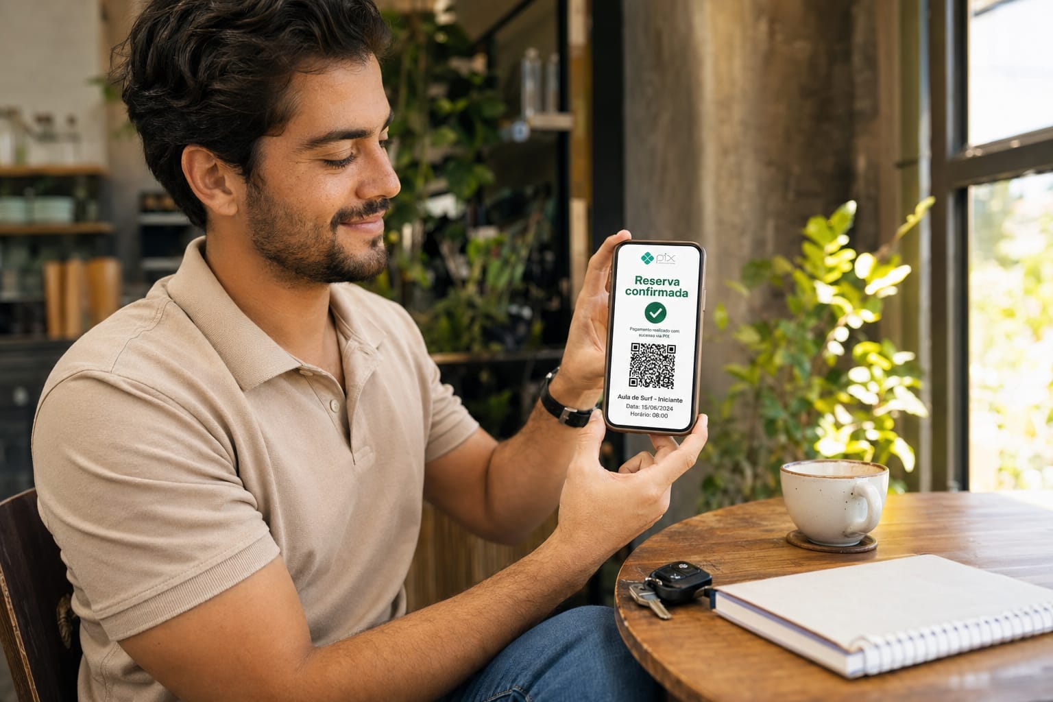 Aluno conferindo a reserva de aula confirmada com pagamento PIX no celular