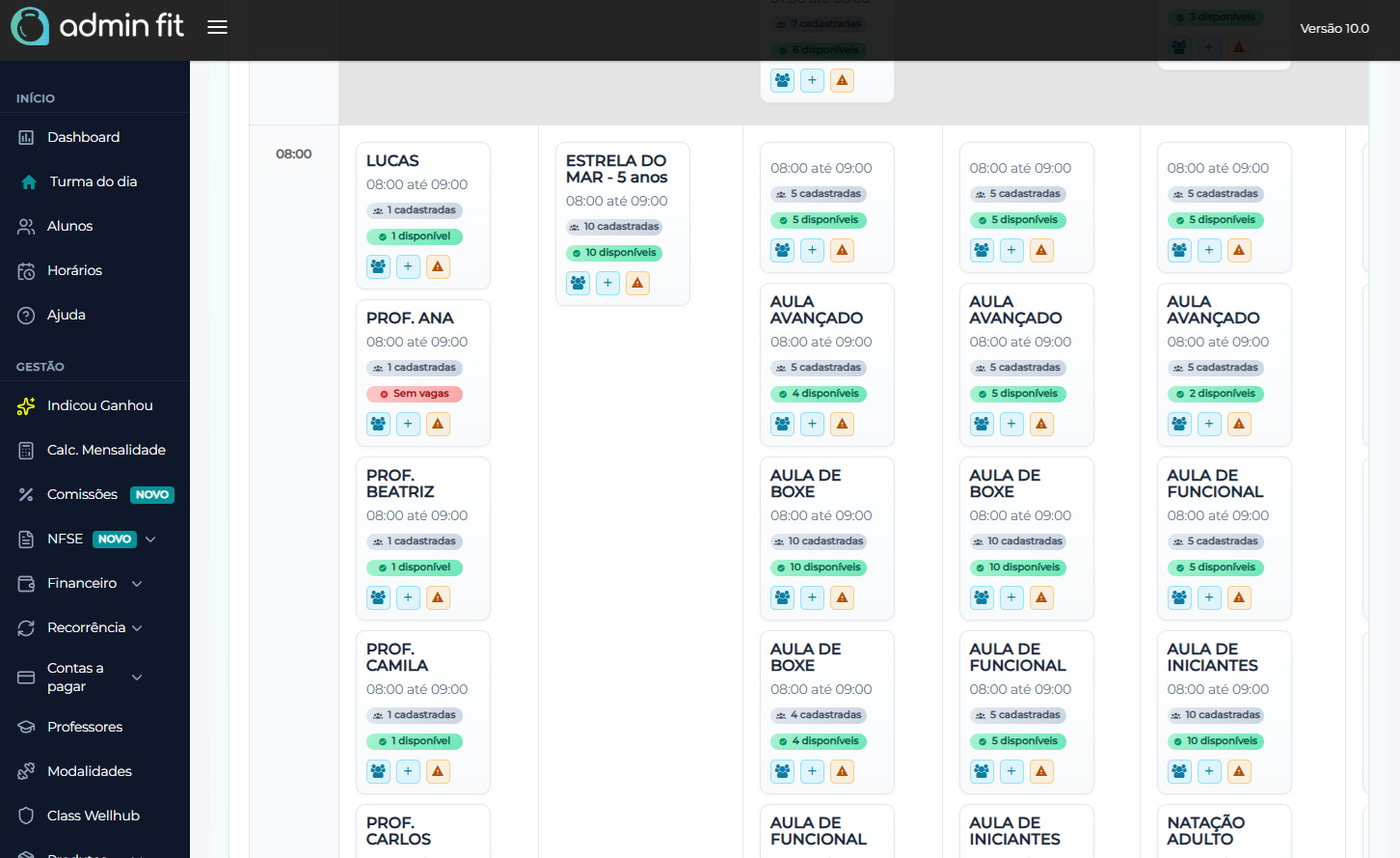 Agenda com horários, turmas, ocupação e organização operacional