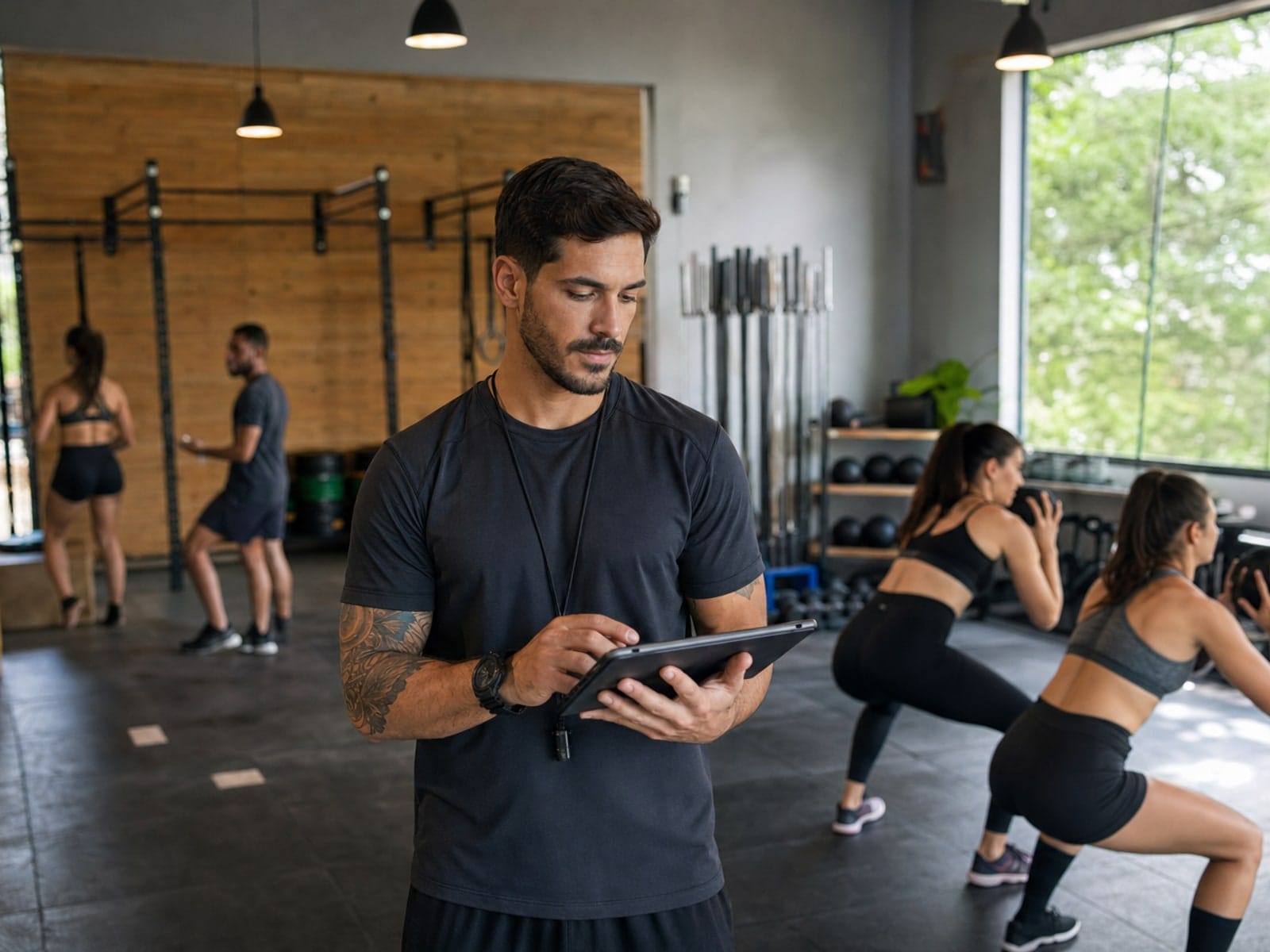 Turma com vagas organizadas e aluna reservando aula pelo app Admin Fit