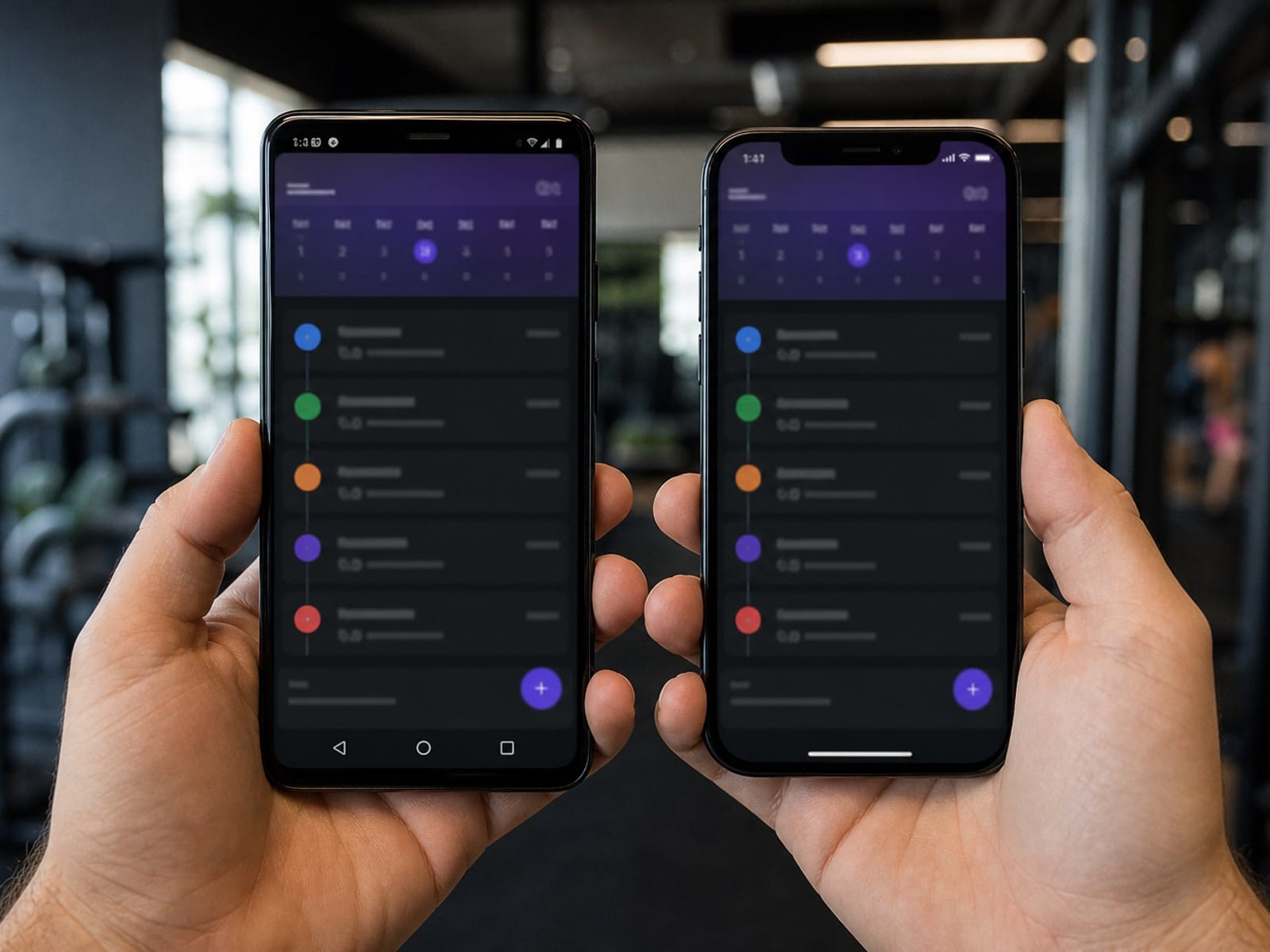 Alunos usando app Admin Fit em iOS e Android na academia