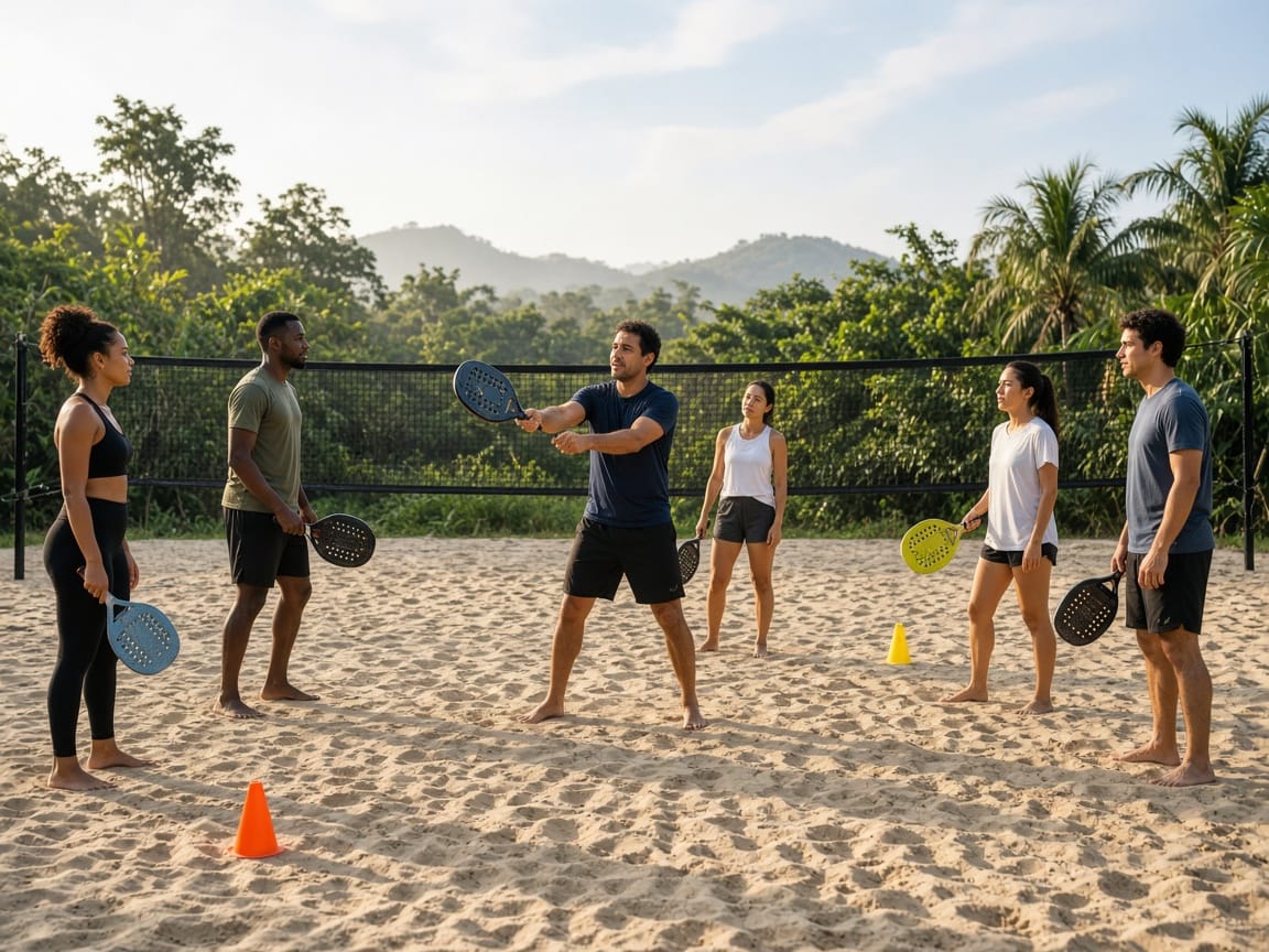 Professor conduzindo turma de beach tennis na quadra de areia