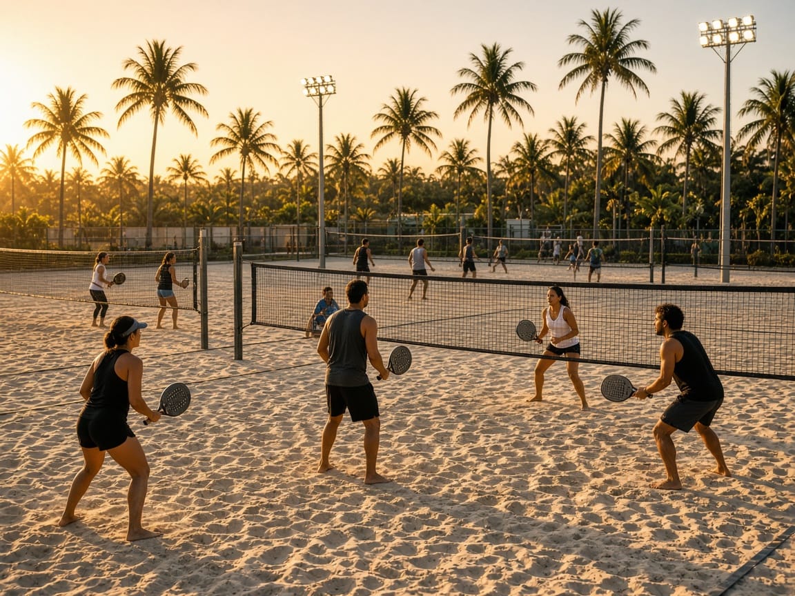 Arena de beach tennis com quadras de areia ocupadas no fim de tarde