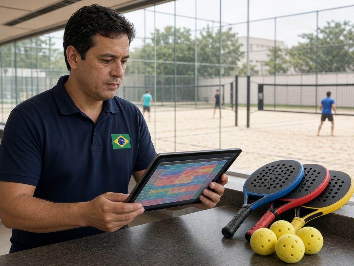 Gestor da arena na recepção conferindo a grade de quadras no tablet