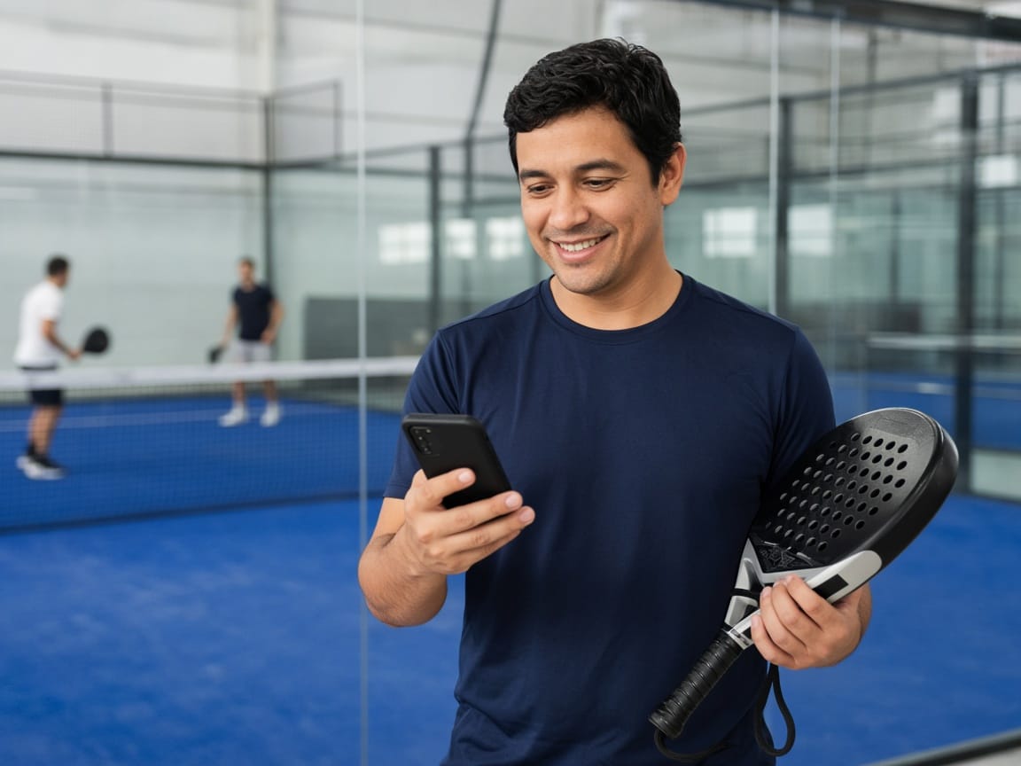 Atleta em quadra de padel recebendo confirmação da reserva no celular