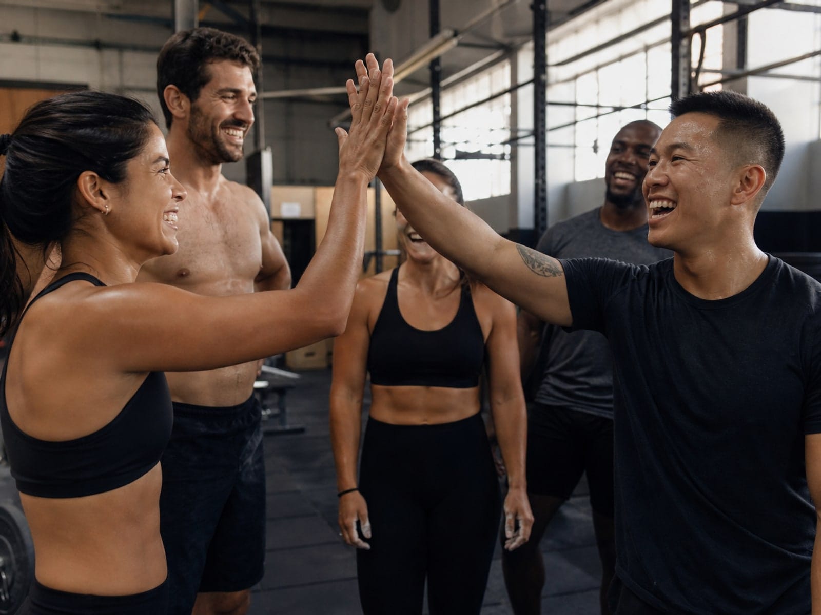 Atletas comemorando após treino em box de CrossFit