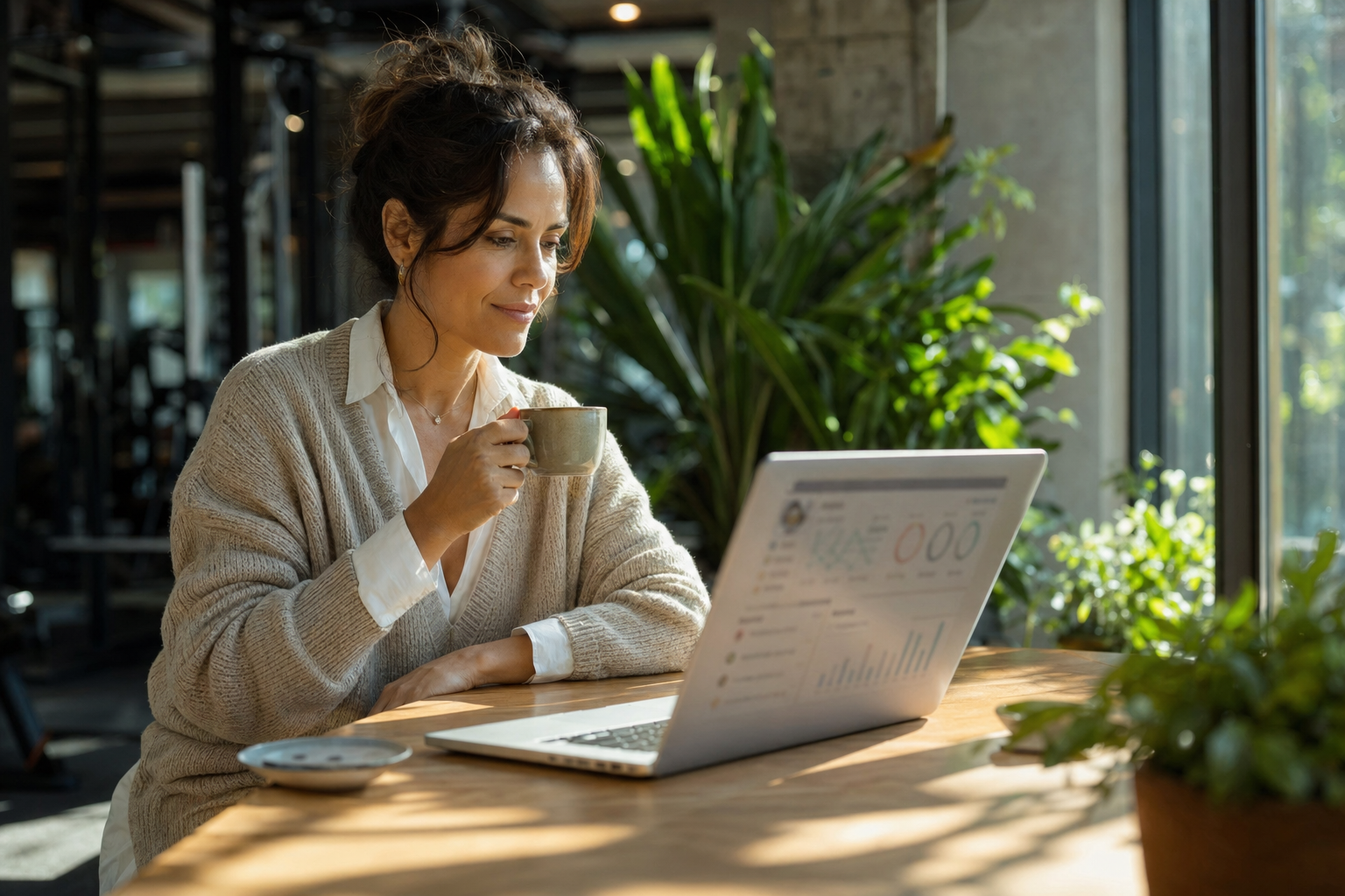 Gestora de academia analisando indicadores no notebook em ambiente iluminado