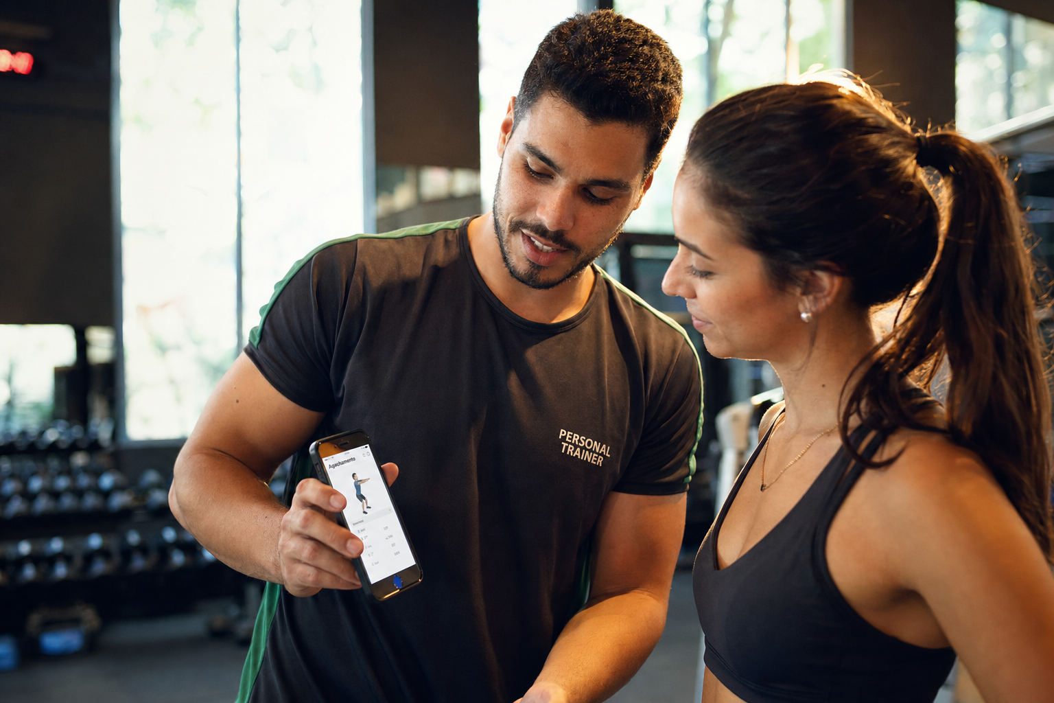 Personal trainer brasileiro mostrando exercício no celular para aluna