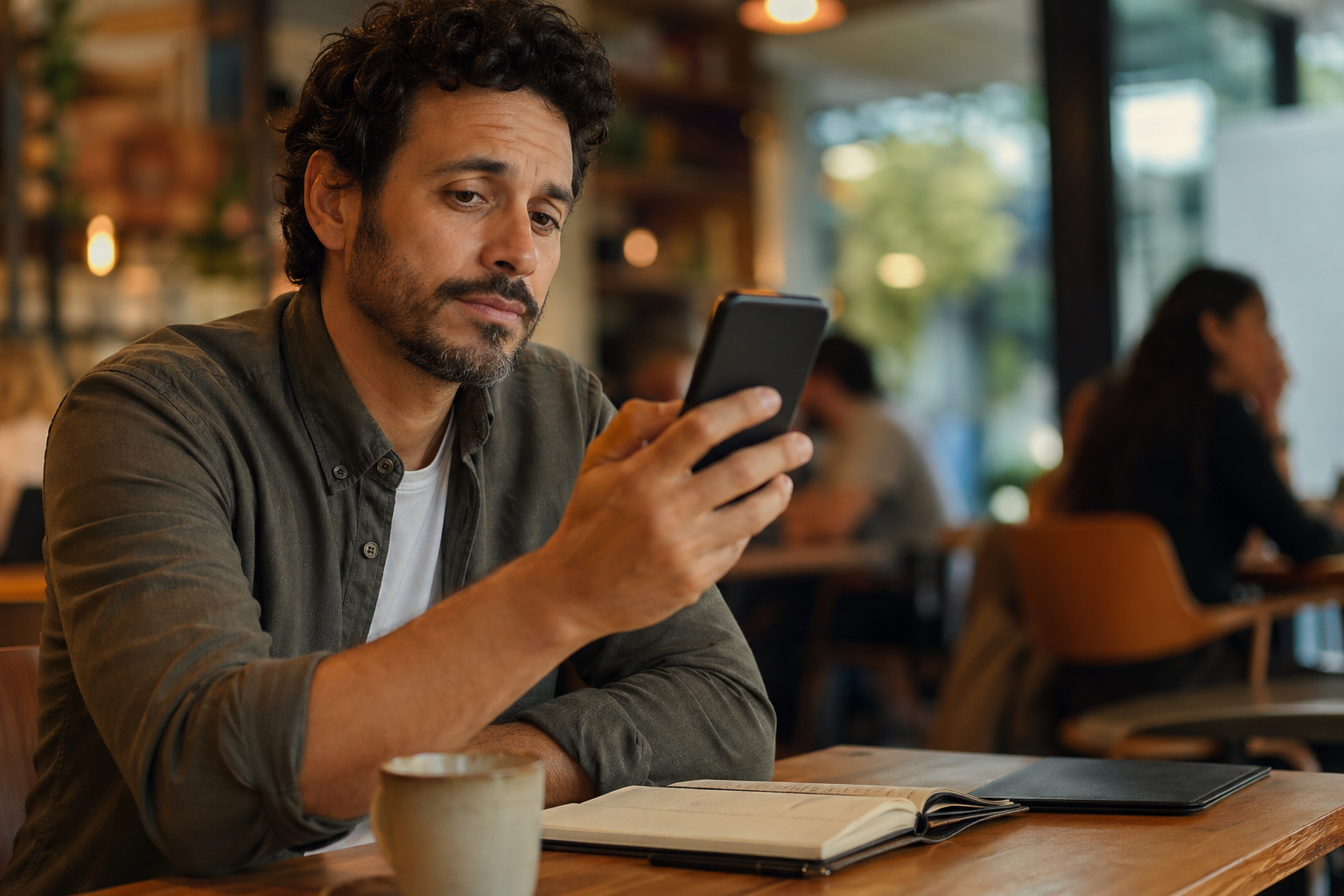 Proprietário pesquisando no celular sobre planos do Admin Fit