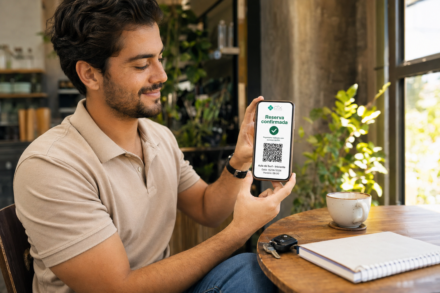 Aluno conferindo a reserva de aula confirmada com pagamento PIX no celular