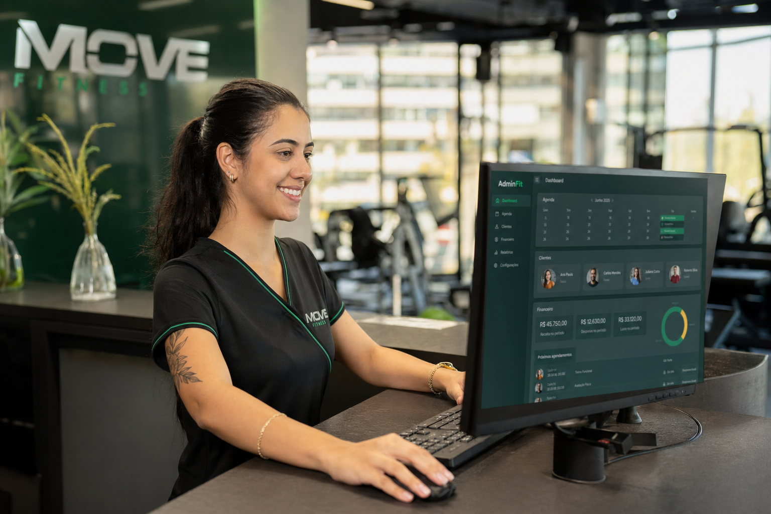 Recepcionista usando o sistema Admin Fit no computador da academia