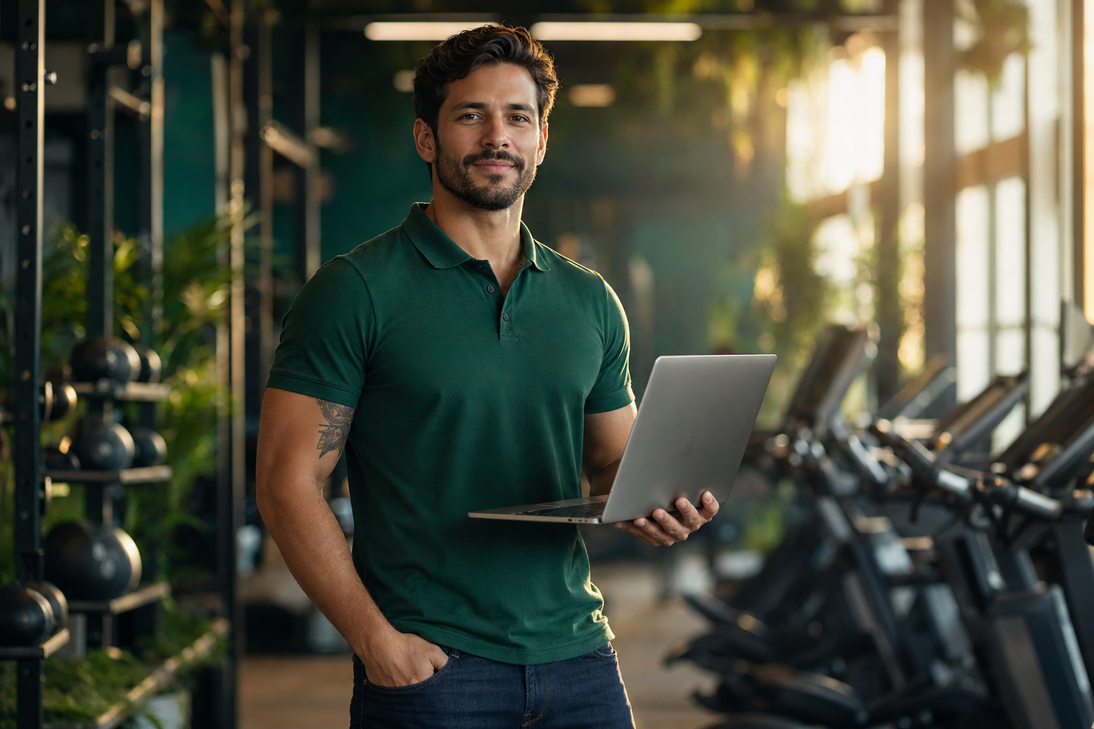 Gestor de academia segurando notebook em ambiente de academia premium
