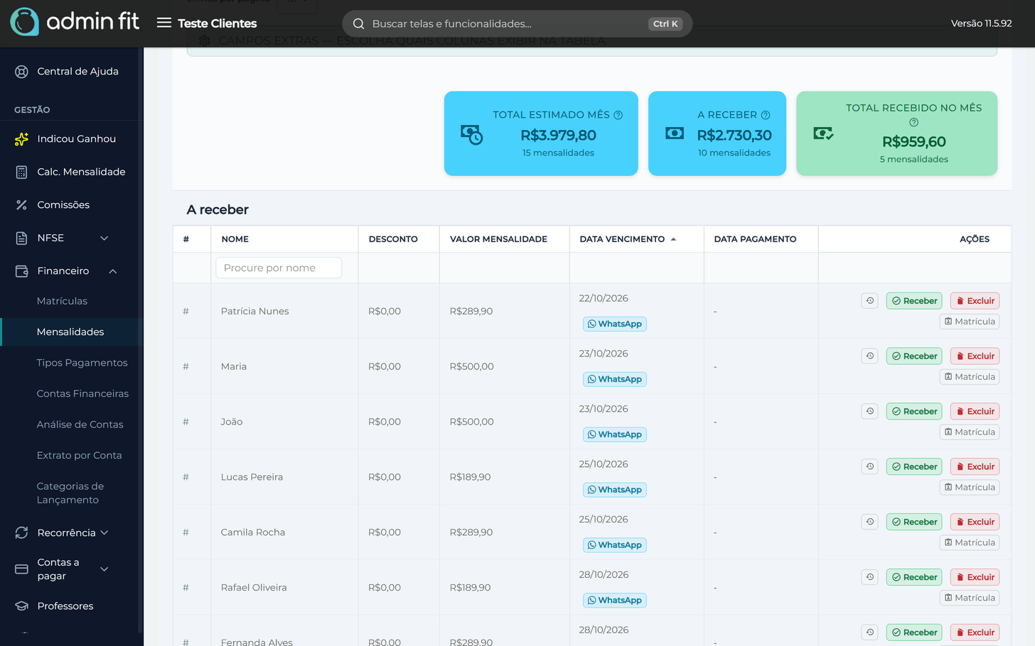 Financeiro do Admin Fit com mensalidades recorrentes e status de pagamento