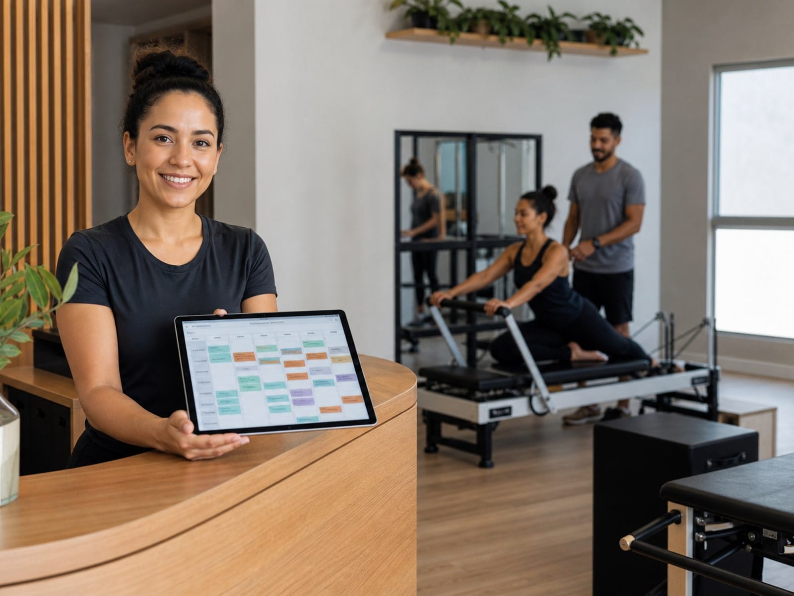 Instrutora de pilates organizando agenda de aulas