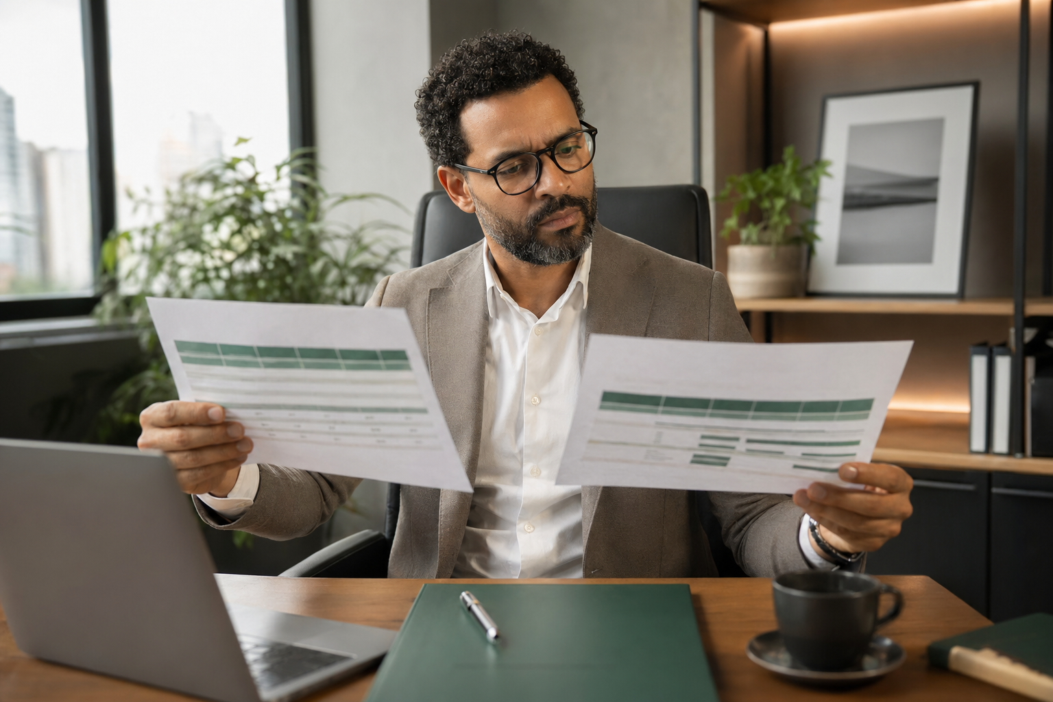 Gestor comparando dois relatórios de planos lado a lado em escritório premium