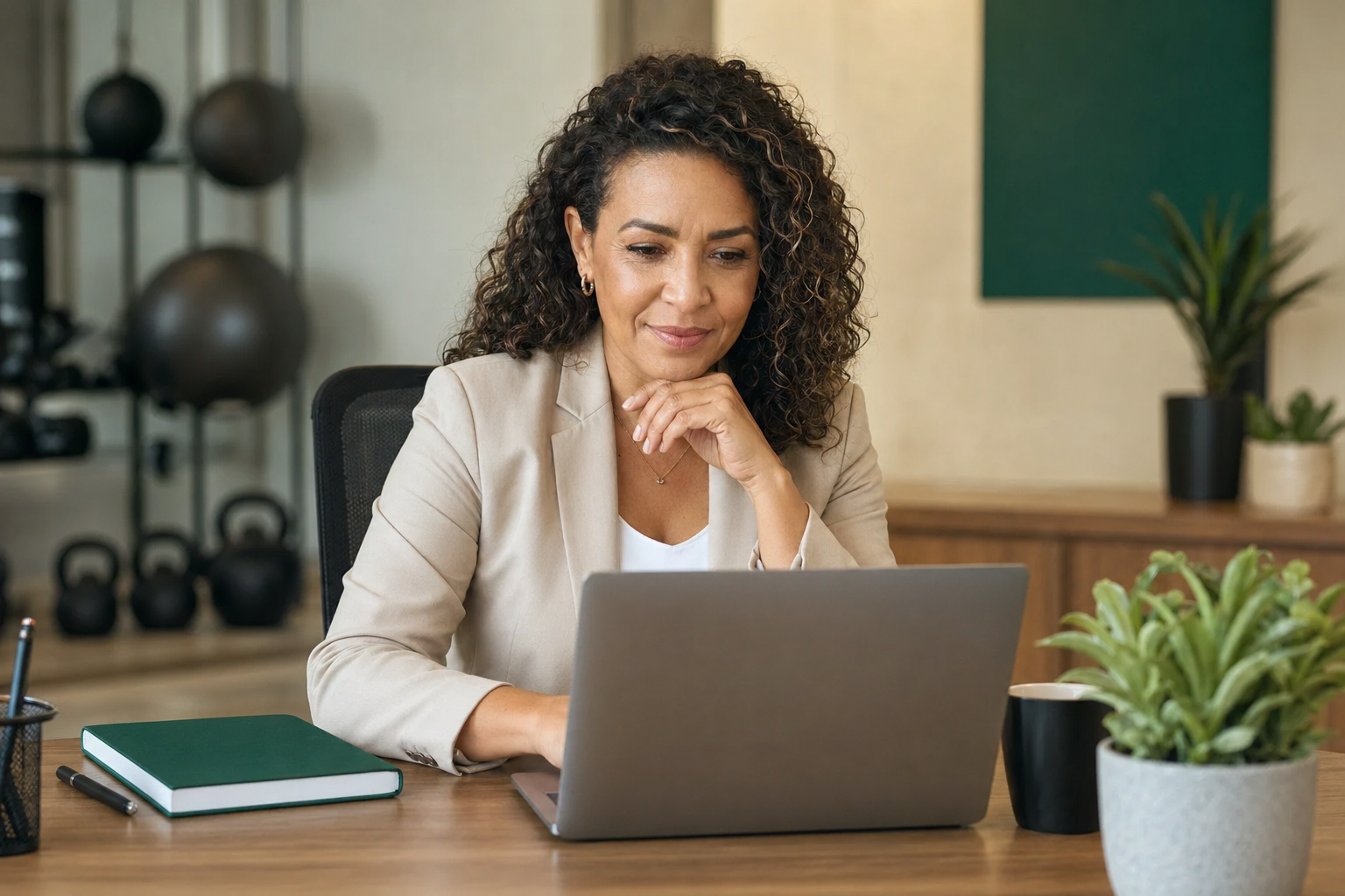 Proprietária de academia analisando planos do Admin Fit no notebook com expressão de decisão tomada