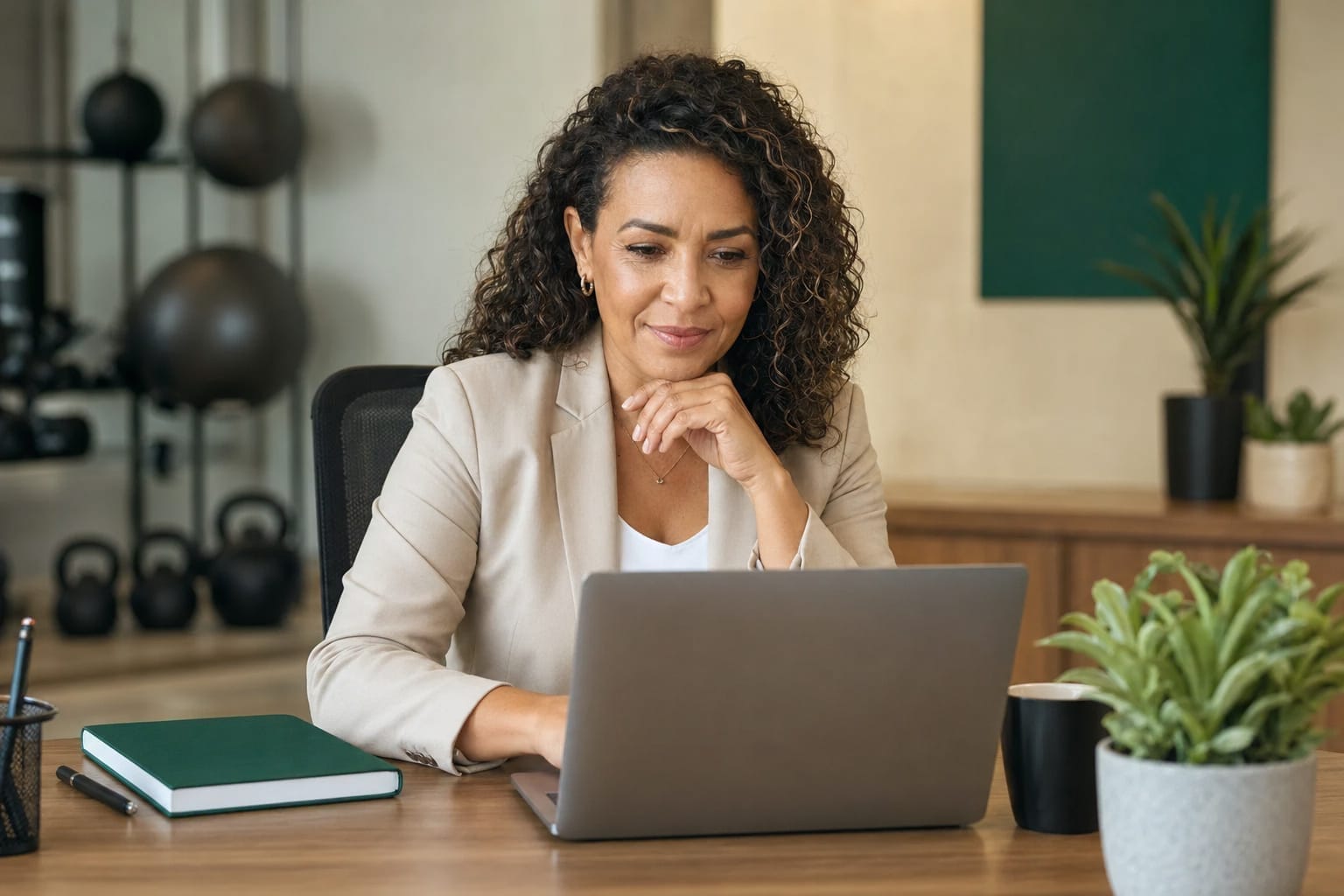 Proprietária de academia analisando planos do Admin Fit no notebook com expressão de decisão tomada