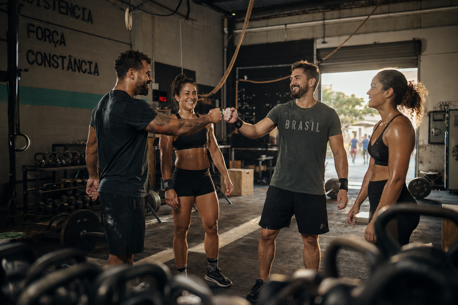Atletas brasileiros em box de CrossFit comemorando após treino