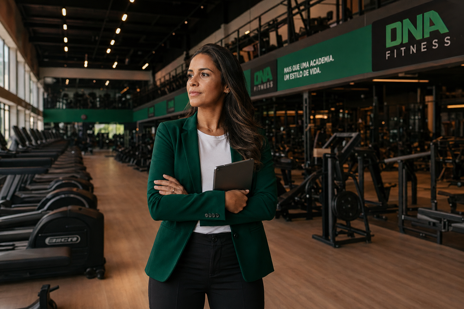 Proprietária de academia em pé em frente a operação multiunidade