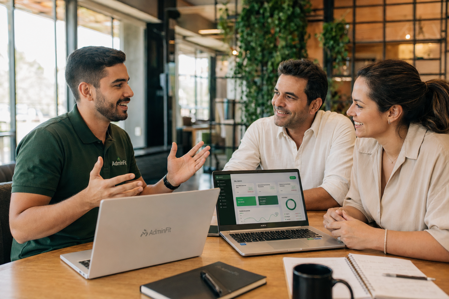 Equipe Admin Fit em reunião de implantação com proprietários de academia