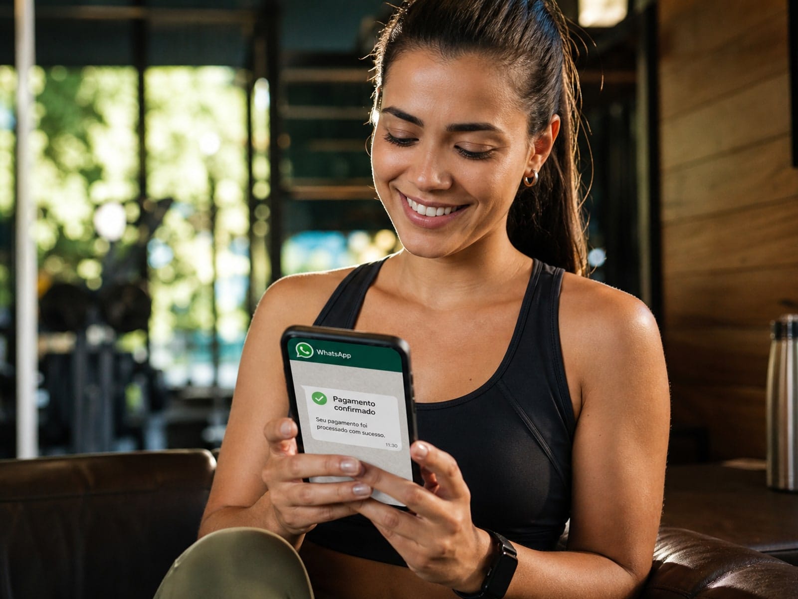 Aluno recebendo aviso de cobrança e confirmação de pagamento no WhatsApp