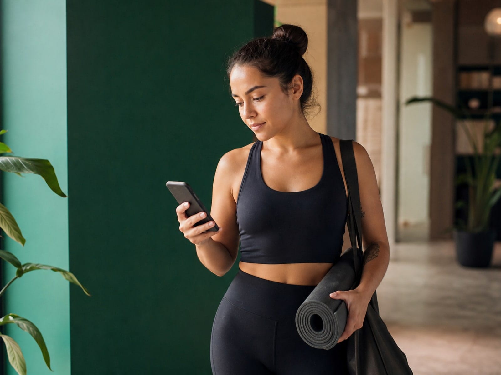 Aluna de yoga recebendo lembrete de aula no celular